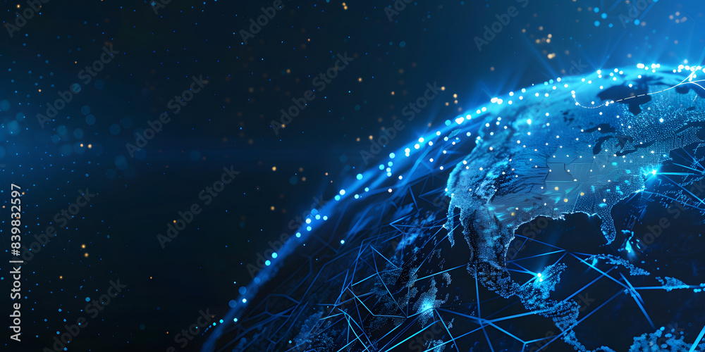 Obraz premium Abstract digital blue earth with glowing dots on black background, technology and global network concept.