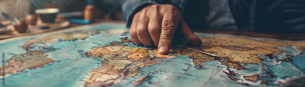 Man Planning Travel Budget on Digital World Map for Financial Allocations Man Planning Travel Budget on Digital World Map for Financial Allocations