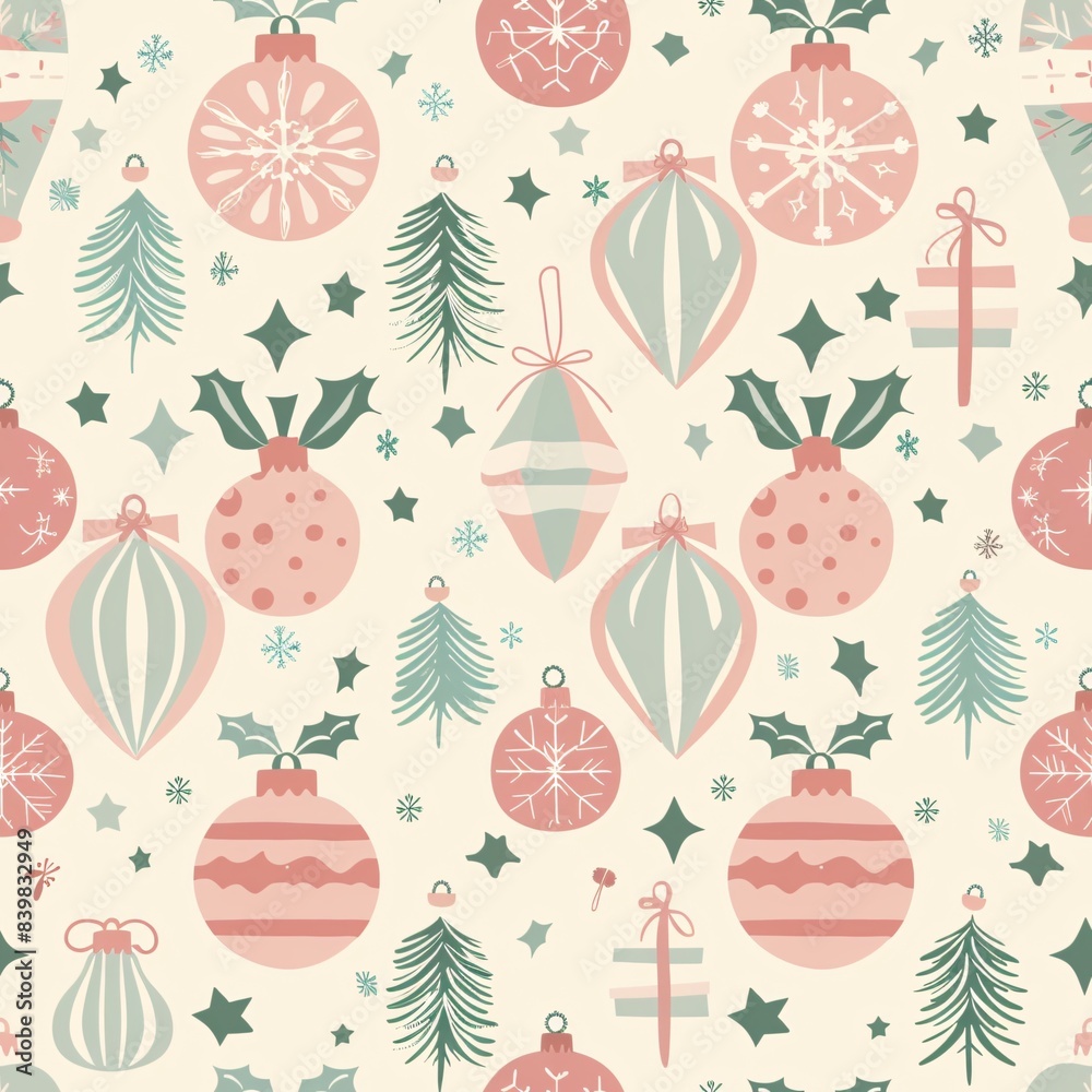 A seamless pattern with Christmas ornaments and wrapping paper in pastel colors, creating a soft and festive look