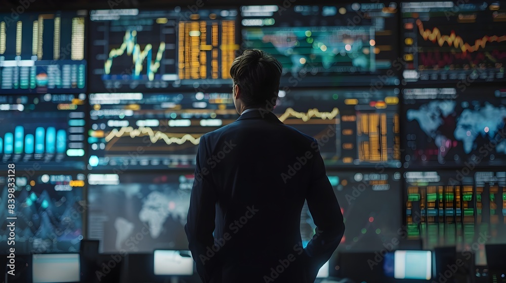 Businessman Analyzing Global Financial Markets on Digital Screens for Financial Planning Concept Businessman Analyzing Global Financial Markets on Digital Screens for Financial Planning Concept