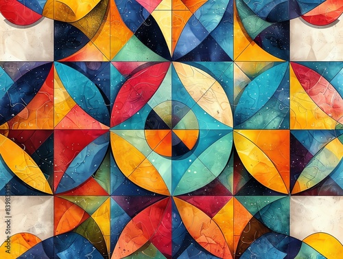 Geometric shapes forming a kaleidoscope pattern, vibrant colors, intricate and dynamic design