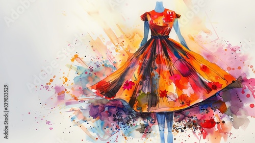 Fashion illustration of a summer dress, light and airy design, floral patterns and vibrant colors photo