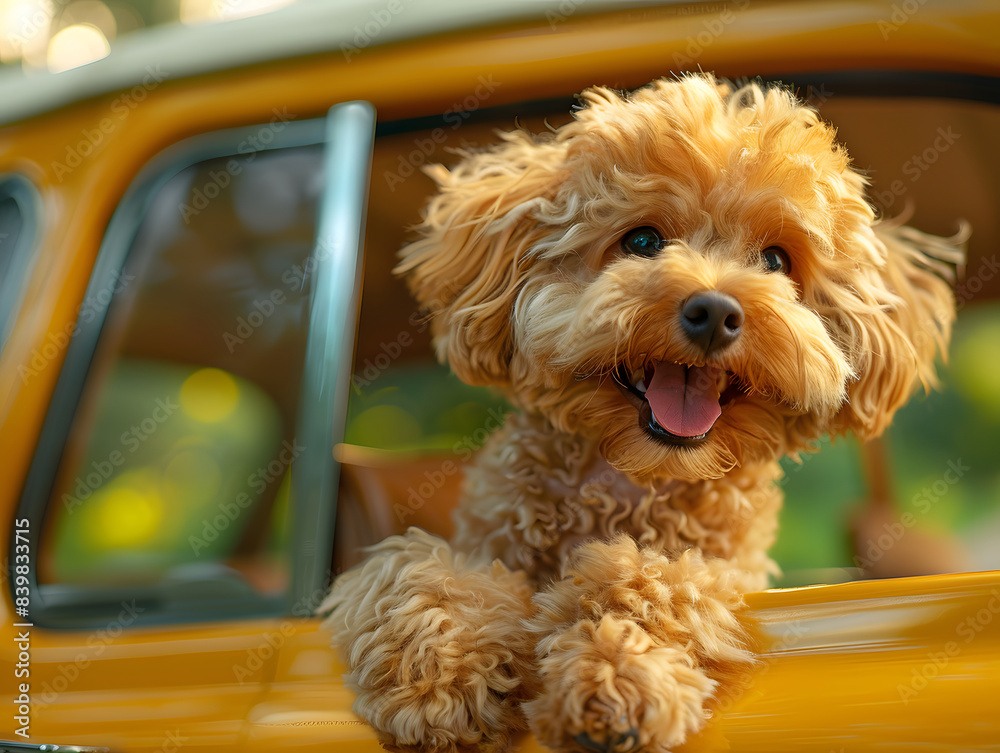 cute yellow Poodle dogs head sticks out of the car, is comfortably nestled in the passenger seat of a car. cute yellow Poodle dogs head sticks out of the car, is comfortably nestled in the passenger seat of a car.