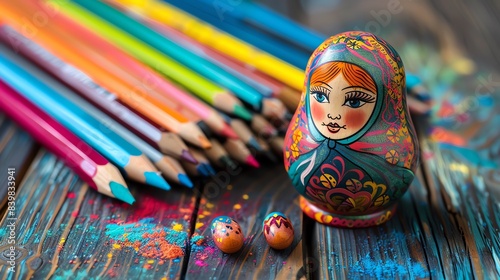 Detailed sketch of a traditional Russian matryoshka doll, vibrant colors and intricate designs, cultural heritage photo