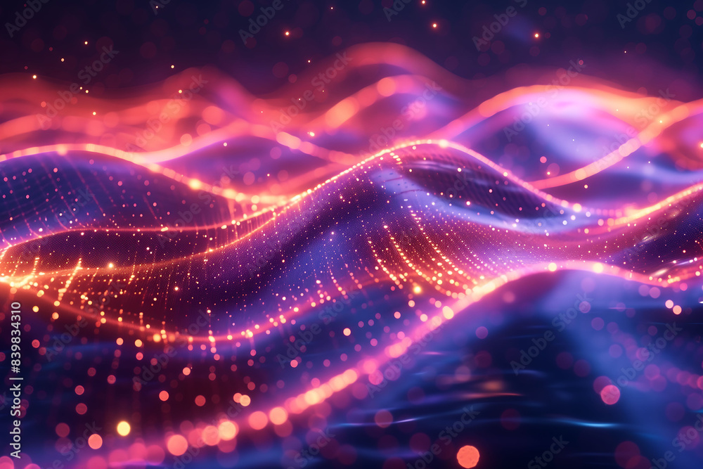 Abstract digital artwork featuring vibrant waves of light in pink, blue, and purple hues. The light waves flow and intertwine gracefully against a dark background. Abstract digital artwork featuring vibrant waves of light in pink, blue, and purple hues. The light waves flow and intertwine gracefully against a dark background.
