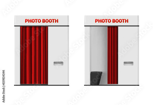 Photo booth machine with open and closed curtains set realistic vector illustration