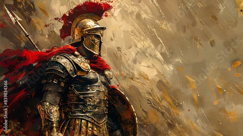 Detailed sketch of a Roman gladiator in armor, rich colors and historical motifs, powerful and heroic