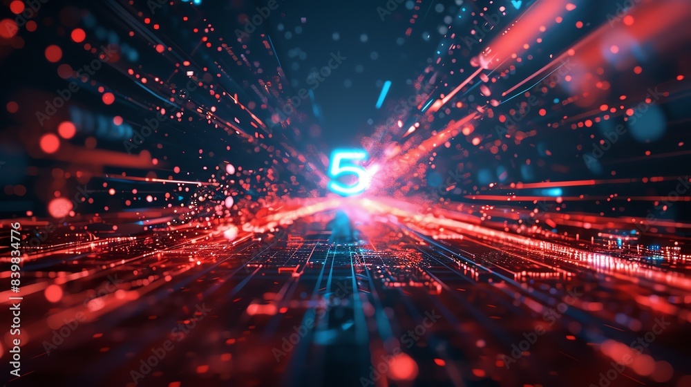 Fototapeta premium Conceptual illustration of 5G network technology, interconnected devices with high-speed data flow, vibrant and dynamic