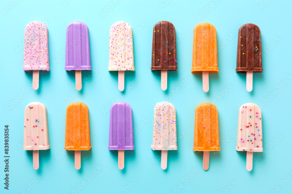 Pattern of multi-colored popsicle ice cream on a blue background Pattern of multi-colored popsicle ice cream on a blue background