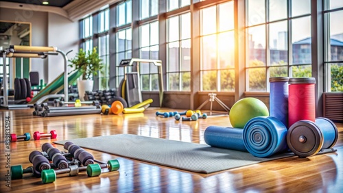 Fitness equipment and exercise props scattered around a cluttered gym floor, with a few dumbbells and a yoga mat visible in the background. photo