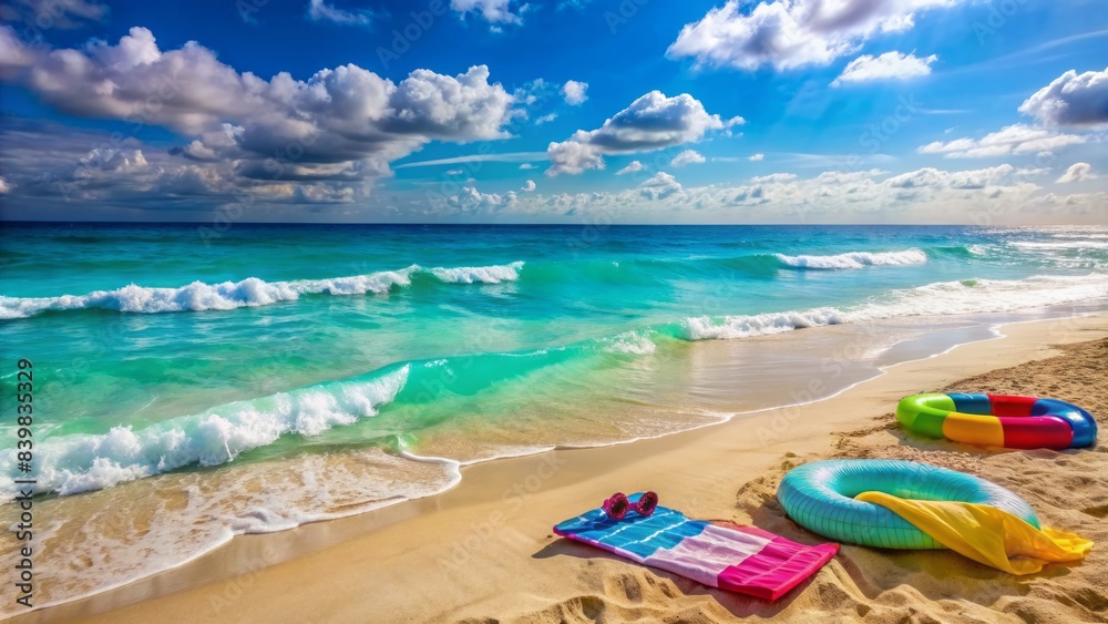 Sparkling turquoise ocean waves gently lap against the sandy shoreline, with a few beach towels and colorful inflatable floats scattered about the deserted beach. Sparkling turquoise ocean waves gently lap against the sandy shoreline, with a few beach towels and colorful inflatable floats scattered about the deserted beach.