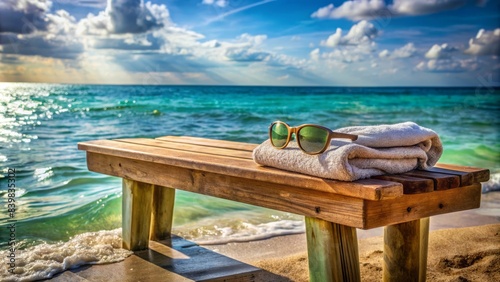 Serene ocean backdrop with a weathered wooden bench, bath towels, and sunglasses abandoned, evoking a sense of post-swim relaxation and camaraderie.