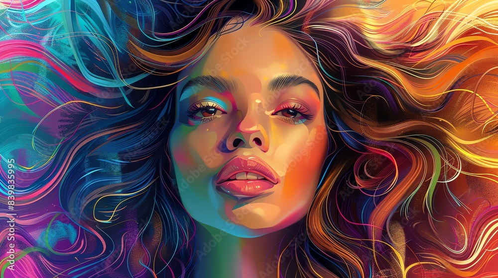 Beauty illustration of a woman with a glamorous hairstyle, sophisticated and detailed look, vibrant colors Beauty illustration of a woman with a glamorous hairstyle, sophisticated and detailed look, vibrant colors