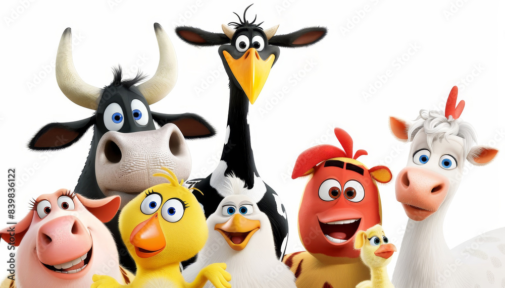 Group of cartoon farm animals including a cow, pig, and chicken. Concept of fun and farm life by AI generated image Group of cartoon farm animals including a cow, pig, and chicken. Concept of fun and farm life by AI generated image