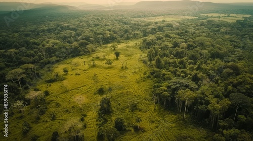 Aerial view of a vast  lush green rainforest  capturing the dense foliage and natural beauty of the tropical environment.