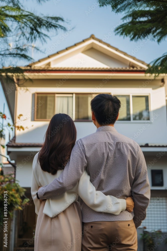 Young asian couple in front of their new house