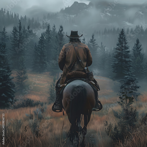 Cowboy riding a horse on a farm, in a beautiful landscape