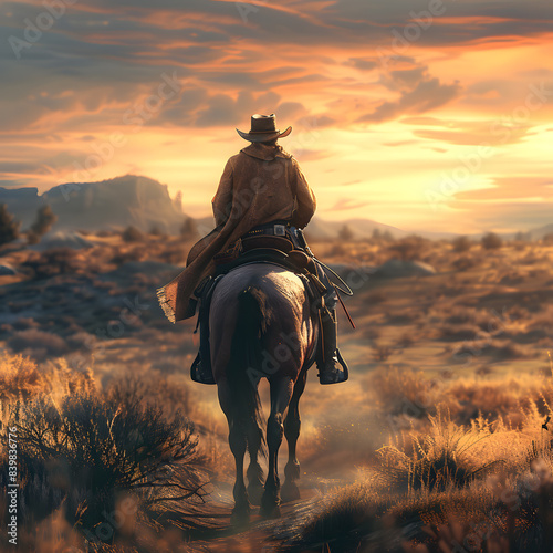 Cowboy riding a horse on a farm, in a beautiful landscape