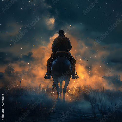 Cowboy riding a horse on a farm, in a beautiful landscape
