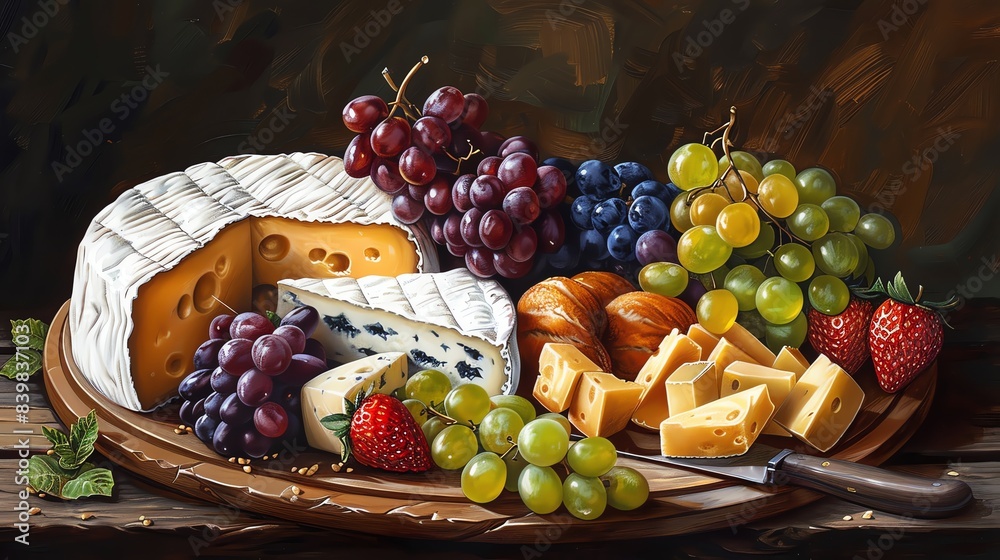 Artistic depiction of a gourmet cheese platter with various cheeses and fruits, elegant and vibrant Artistic depiction of a gourmet cheese platter with various cheeses and fruits, elegant and vibrant