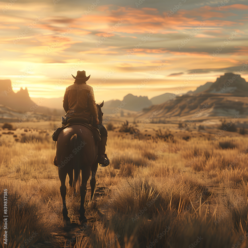 Cowboy riding a horse on a farm, in a beautiful landscape Cowboy riding a horse on a farm, in a beautiful landscape