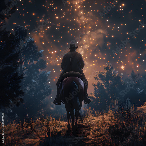 Cowboy riding a horse on a farm, in a beautiful landscape