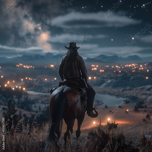 Cowboy riding a horse on a farm, in a beautiful landscape