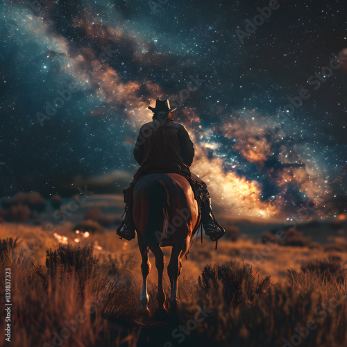 Cowboy riding a horse on a farm, in a beautiful landscape