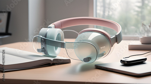 A stunning, minimalist curved, pastel translucent glass AR headset designed by BRAUN, Dieter Rams. Unreal engine render, natural lighting, on desk, beautiful shot
