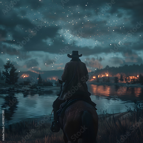 Cowboy riding a horse on a farm, in a beautiful landscape