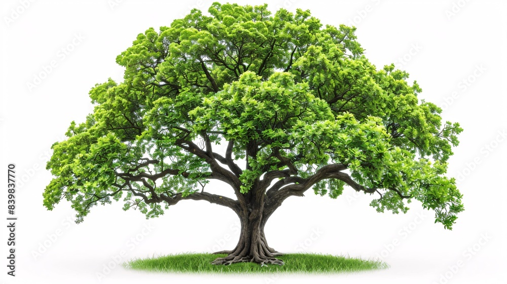 A high-resolution image of a large tree with a detailed canopy and visible roots, placed against a white background to focus on its natural beauty A high-resolution image of a large tree with a detailed canopy and visible roots, placed against a white background to focus on its natural beauty