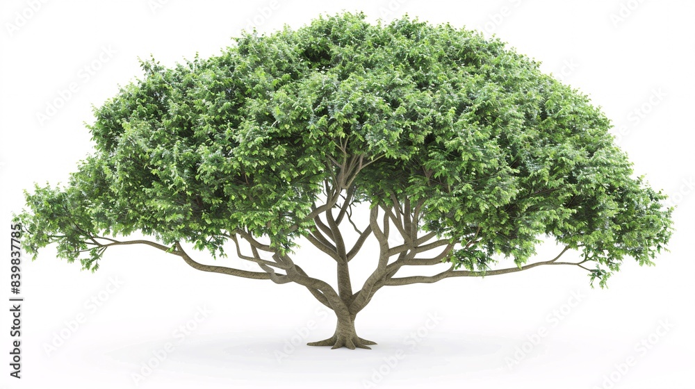 A high-resolution image of a large tree with a detailed canopy and visible roots, placed against a white background to focus on its natural beauty A high-resolution image of a large tree with a detailed canopy and visible roots, placed against a white background to focus on its natural beauty