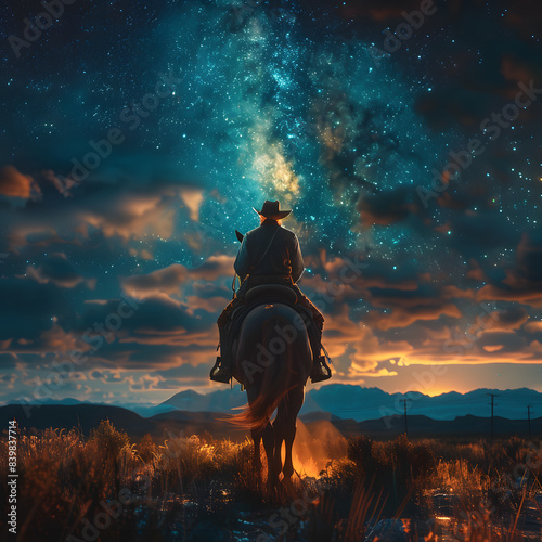 Cowboy riding a horse on a farm, in a beautiful landscape