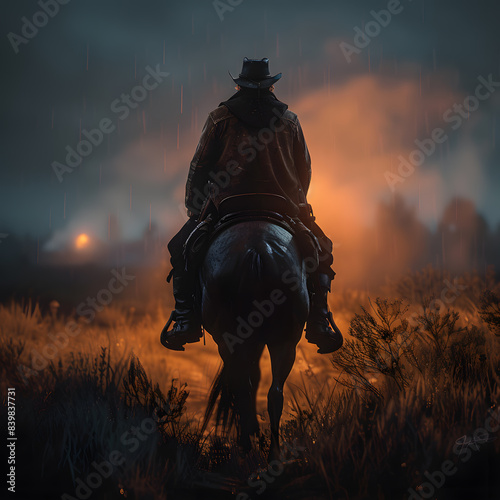Cowboy riding a horse on a farm, in a beautiful landscape