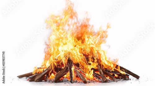 A large, roaring bonfire isolated on a white background, emphasizing the vibrant and energetic movement of the fire