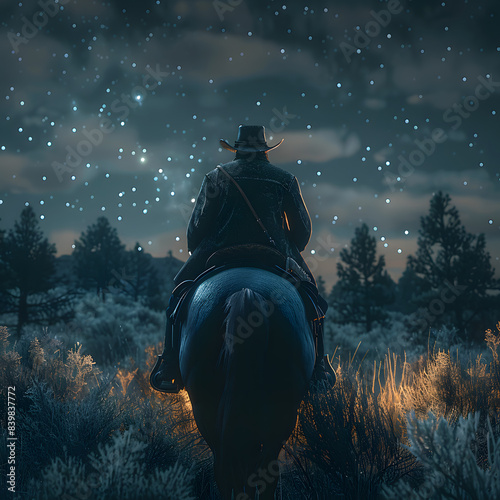 Cowboy riding a horse on a farm, in a beautiful landscape