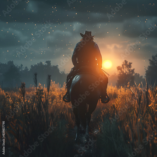 Cowboy riding a horse on a farm, in a beautiful landscape