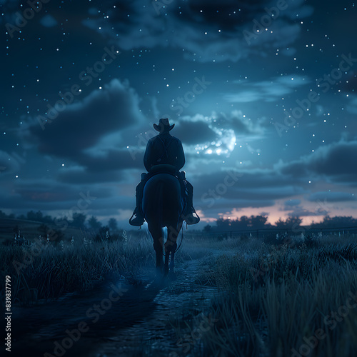 Cowboy riding a horse on a farm, in a beautiful landscape