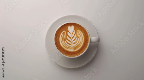 An overhead view of a latte with intricate foam art, placed on a white saucer against a minimalist white background