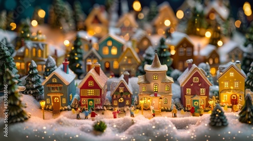 A vibrant Christmas village scene with colorful houses, twinkling lights, and children playing in the snow 3D cartoon Generative AI photo