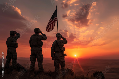 Silhouette of a soldiers saluting an American flag against a sunset, evoking patriotism and honor.
