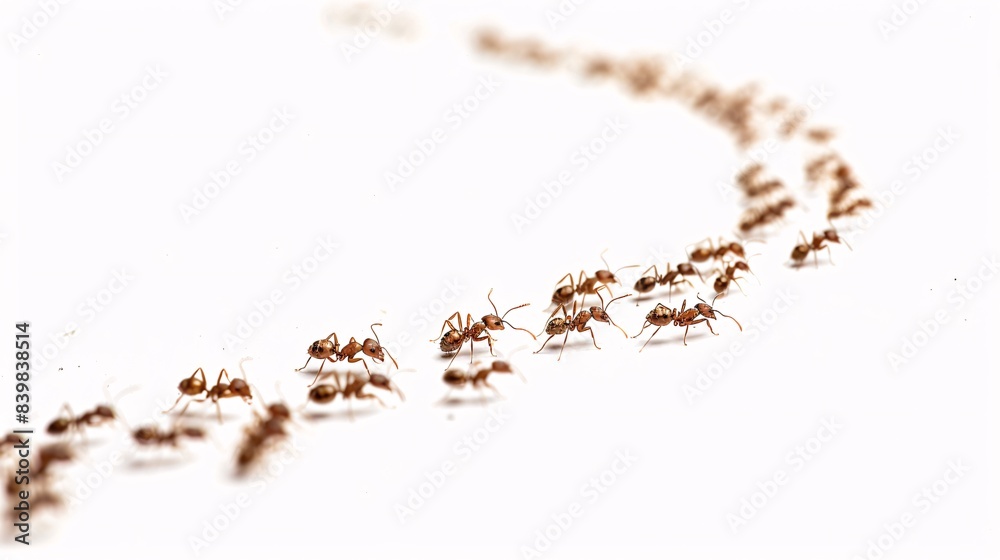 Trail of ants marching in a line on a white background Trail of ants marching in a line on a white background