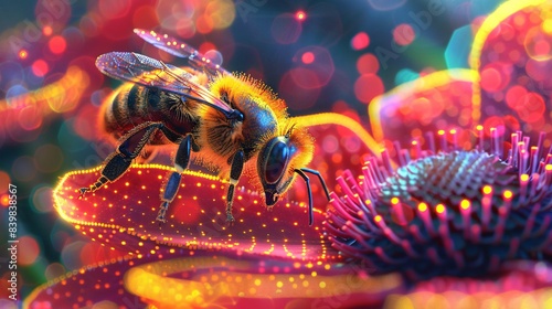 Macro Bee on Vibrant Flower with Interconnected Digital Nodes in Nature