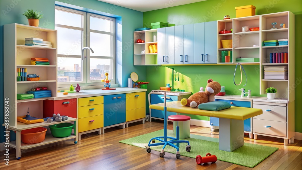 Colorful pediatric examination room with stethoscope, toys, and medical equipment on shelves and tables, ready for a young patient's visit. Colorful pediatric examination room with stethoscope, toys, and medical equipment on shelves and tables, ready for a young patient's visit.