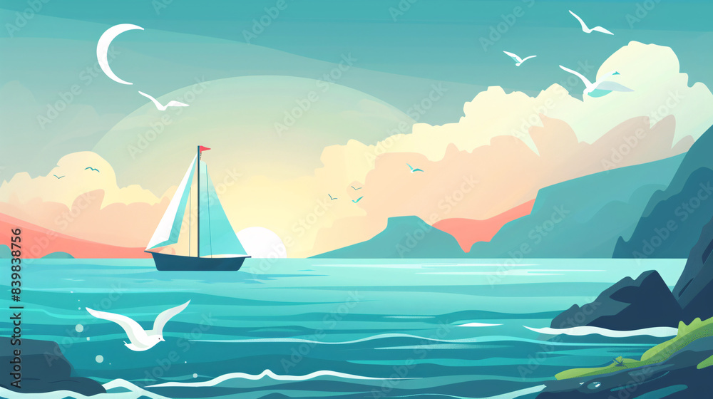 Naklejka premium A luxurious yacht with billowing sails cuts through turquoise ocean waves under a bright summer sky