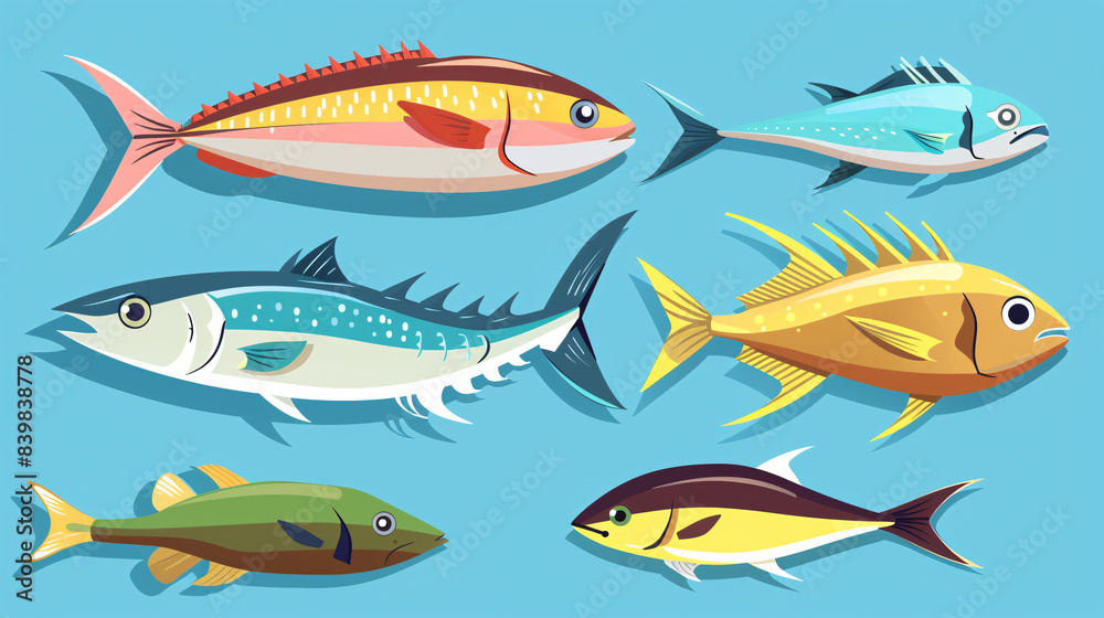 Naklejka premium Sure, here is a description for a stock photo: A colorful collection of fish swimming in a blue ocean