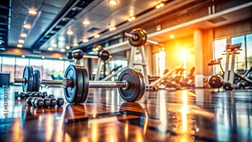 Close-up of fitness equipment and weights scattered on a sweaty gym floor, with a blurred background of a modern fitness club, brightly lit. photo