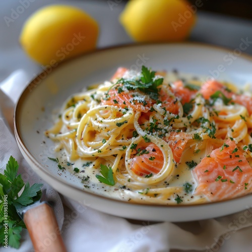 a culinary masterpiece, a sumptuous plate of pasta with creamy sauce, loaded with smoked salmon, infused with herbs and spices, garnished with sprinkles of chopped coriander photo