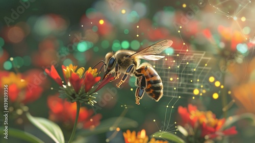 Connecting Nature and Technology - Bee Hovering Over Colorful Bloom with Digital Network Overlays © thung