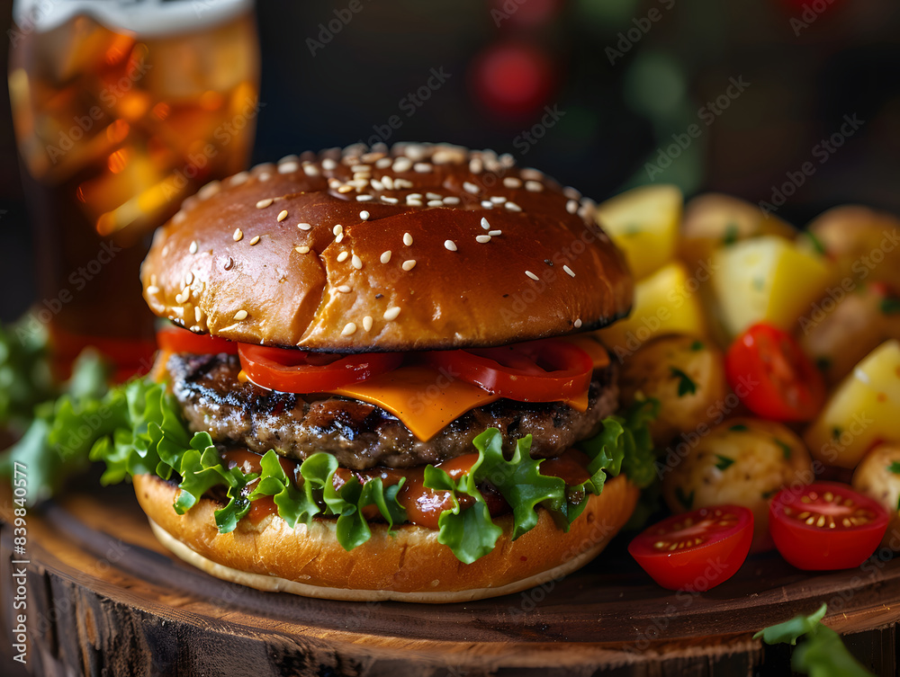 a burger and a refreshing drink. The burger, with its golden-brown bun, is generously filled with a juicy patty, crisp lettuce, and ripe tomato slices. It rests on a wooden cutting a burger and a refreshing drink. The burger, with its golden-brown bun, is generously filled with a juicy patty, crisp lettuce, and ripe tomato slices. It rests on a wooden cutting